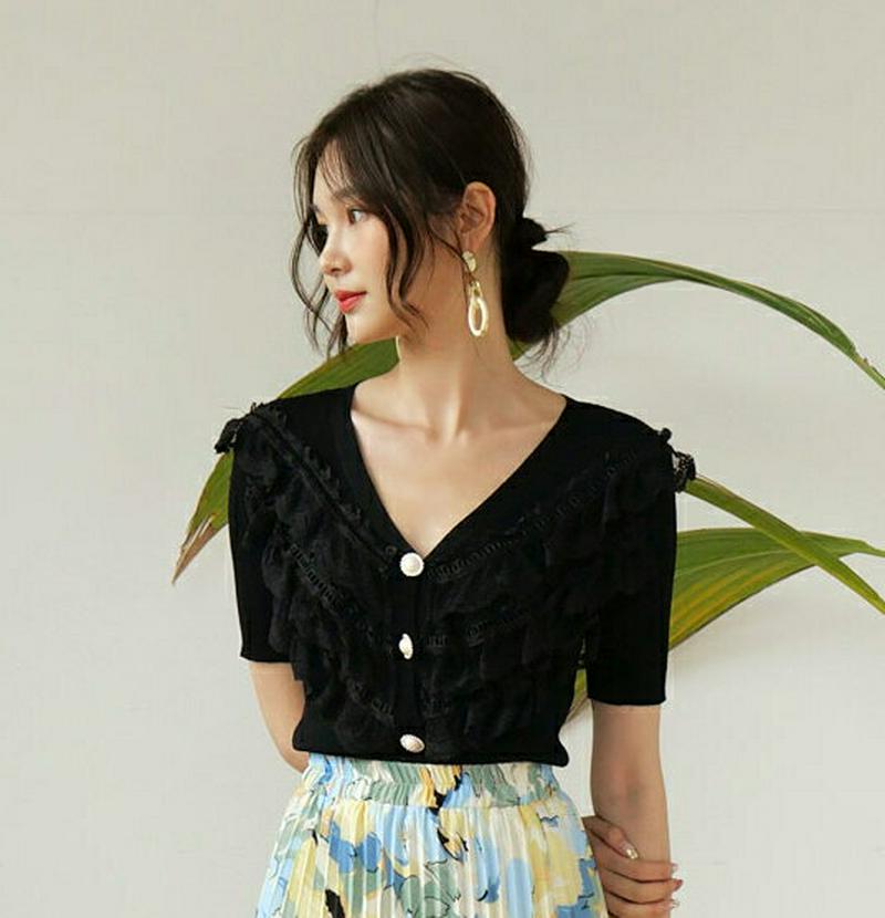 パールボタンフリルレースニット・全2色・b56567 レディース【tops】【韓国 ファッション トップス ニット 半袖 ハーフ