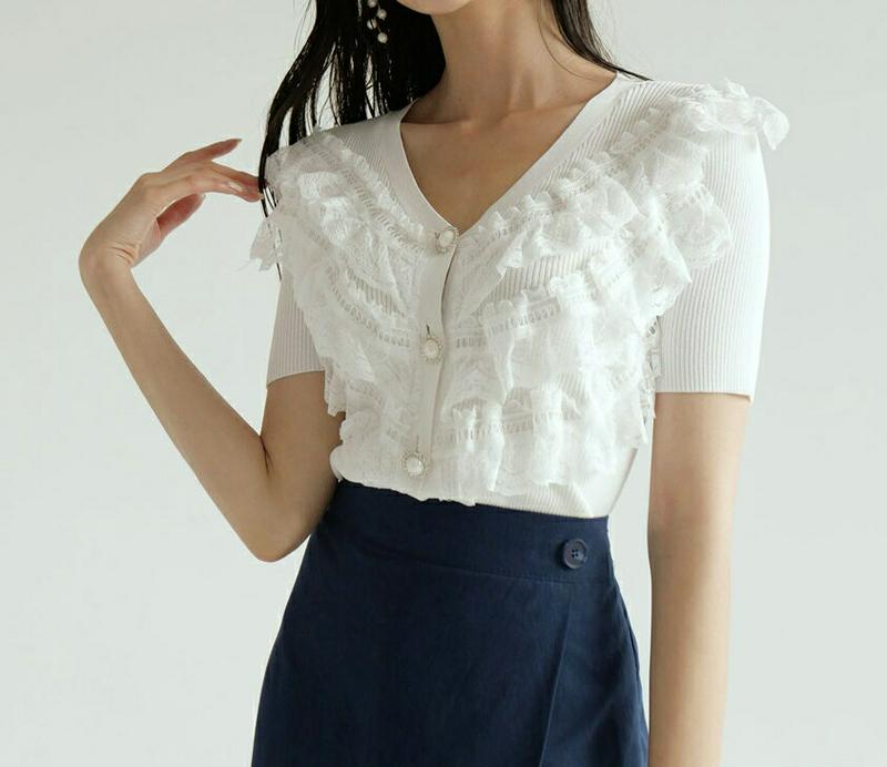 パールボタンフリルレースニット・全2色・b56567 レディース【tops】【韓国 ファッション トップス ニット 半袖 ハーフ