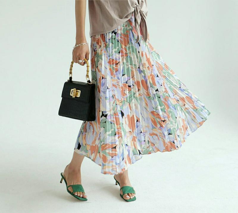 花柄プリーツリースカート・全3色・b56568 レディース【sk】【韓国 ファッション ボトムス スカート ロング丈 ロングスカ