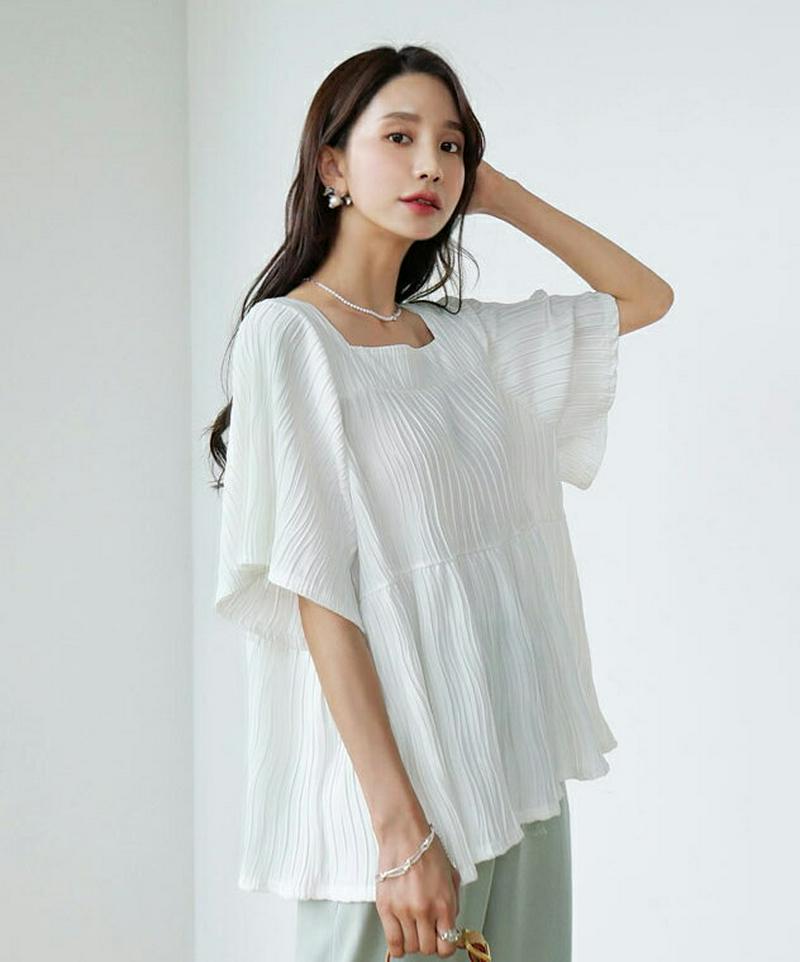 スクエアリンクルTシャツ・全3色・b56597 レディース【tops】【韓国 ファッション トップス Tシャツ 半袖 ハーフスリ