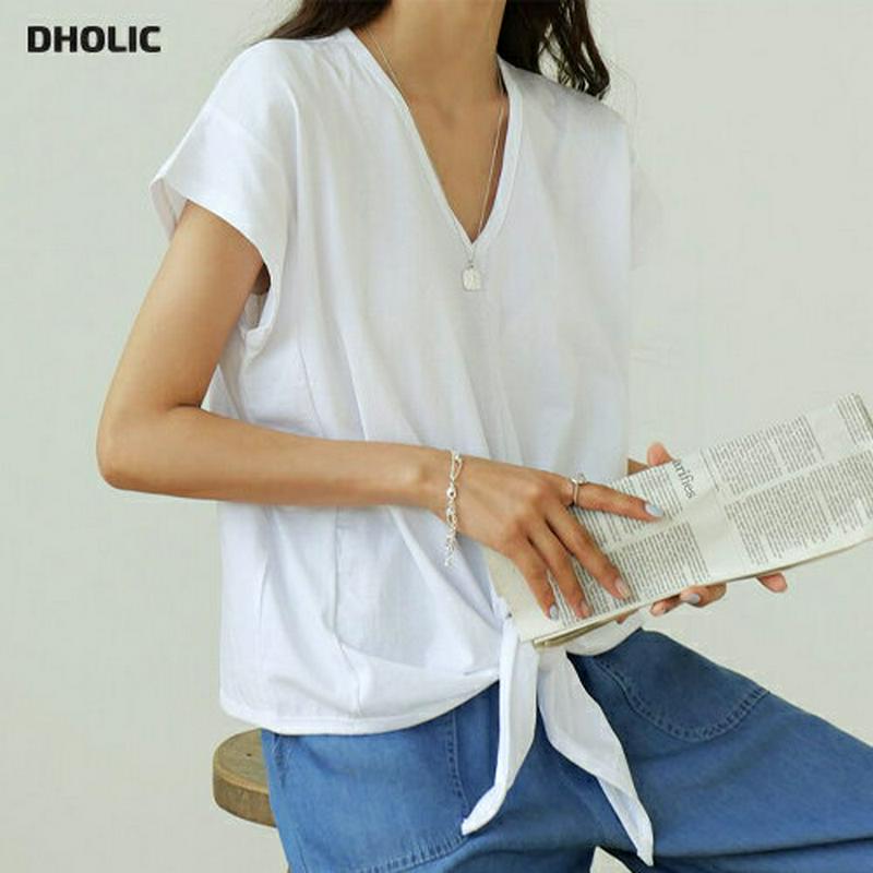 VネックタイヘムTシャツ・全5色・b56596 レディース【tops】【韓国 ファッション トップス Tシャツ キャップスリーブ