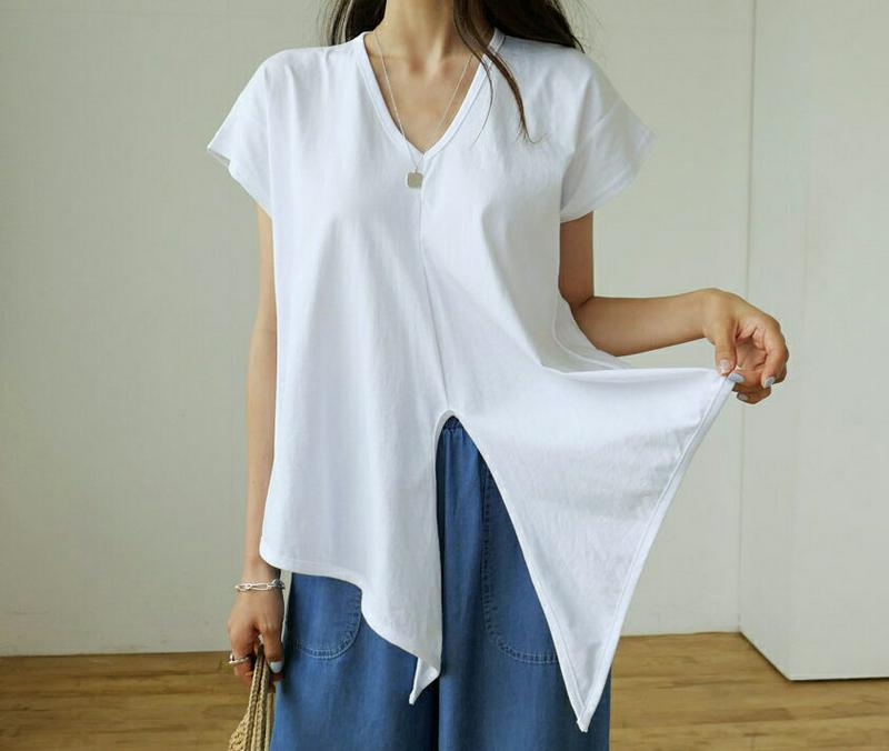 VネックタイヘムTシャツ・全5色・b56596 レディース【tops】【韓国 ファッション トップス Tシャツ キャップスリーブ