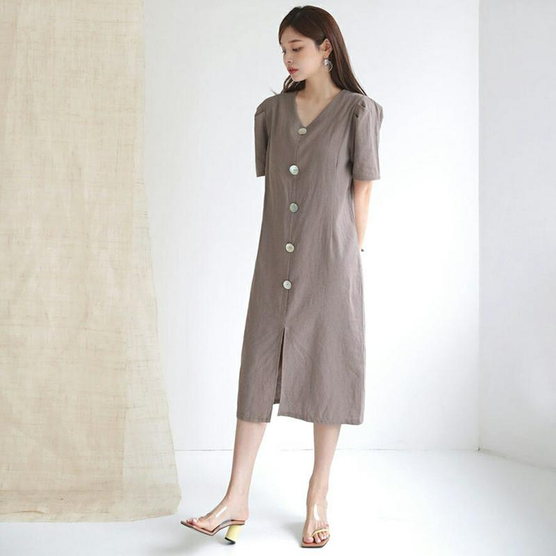 リネン混Vボタンネックワンピース・全2色・b63192 レディース【ops】【韓国 ファッション ワンピース ミディ丈 ミディワ