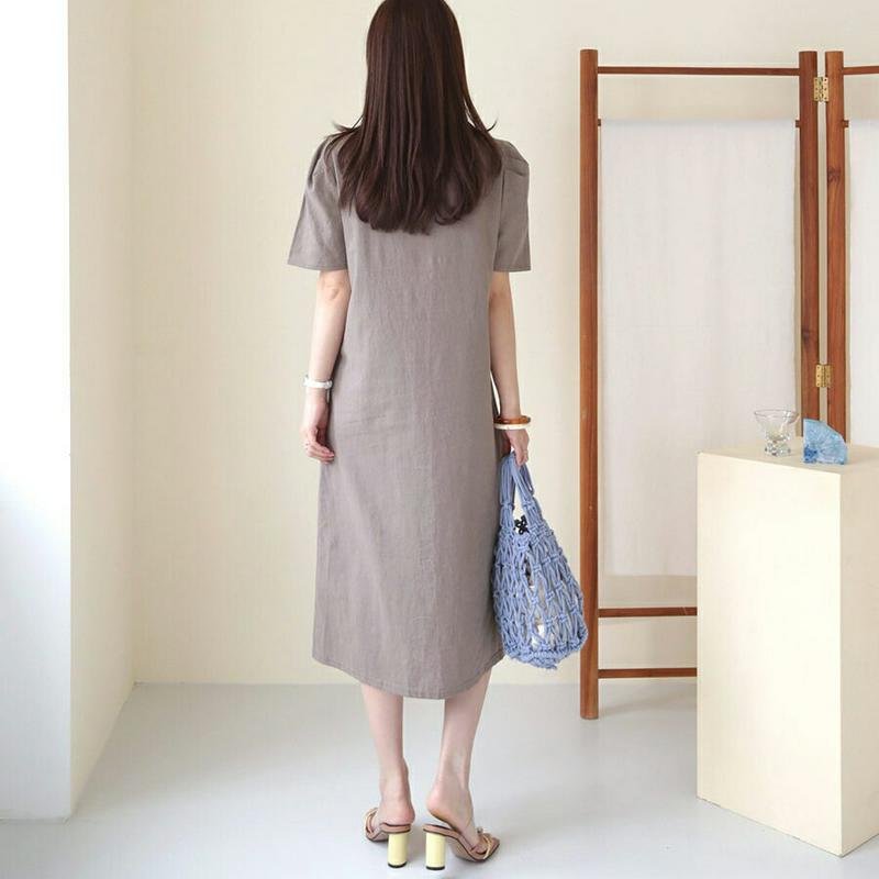 リネン混Vボタンネックワンピース・全2色・b63192 レディース【ops】【韓国 ファッション ワンピース ミディ丈 ミディワ