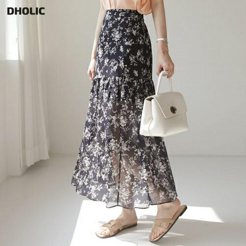 フローラルシフォンスカート・全2色・b63202 レディース【sk】【韓国 ファッション スカート ロング ロングスカート 花柄
