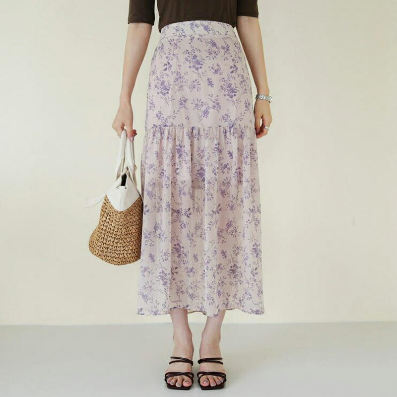フローラルシフォンスカート・全2色・b63202 レディース【sk】【韓国 ファッション スカート ロング ロングスカート 花柄