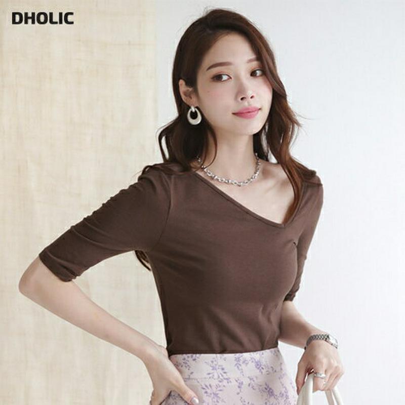 ダイアゴナルネックTシャツ・全3色・t63187 レディース【tops】【韓国 ファッション トップス Tシャツ 半袖 ハーフス