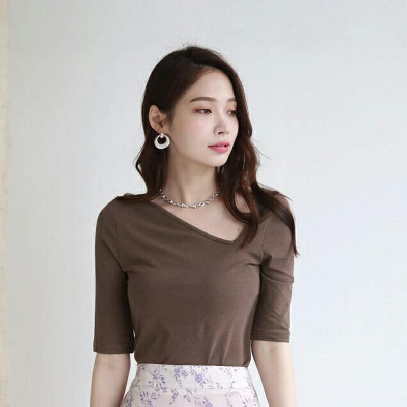 ダイアゴナルネックTシャツ・全3色・t63187 レディース【tops】【韓国 ファッション トップス Tシャツ 半袖 ハーフス