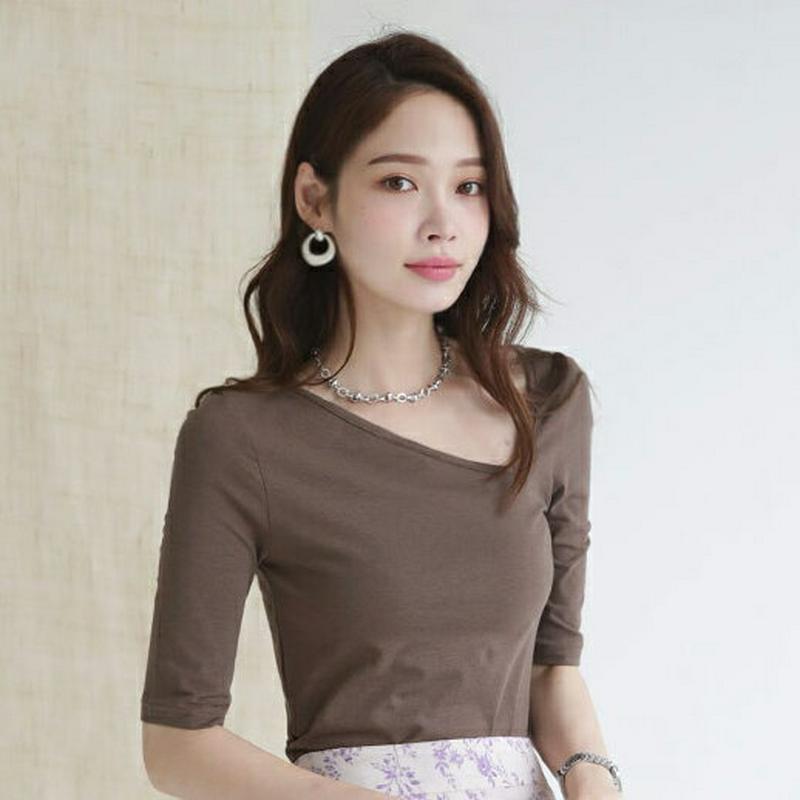 ダイアゴナルネックTシャツ・全3色・t63187 レディース【tops】【韓国 ファッション トップス Tシャツ 半袖 ハーフス