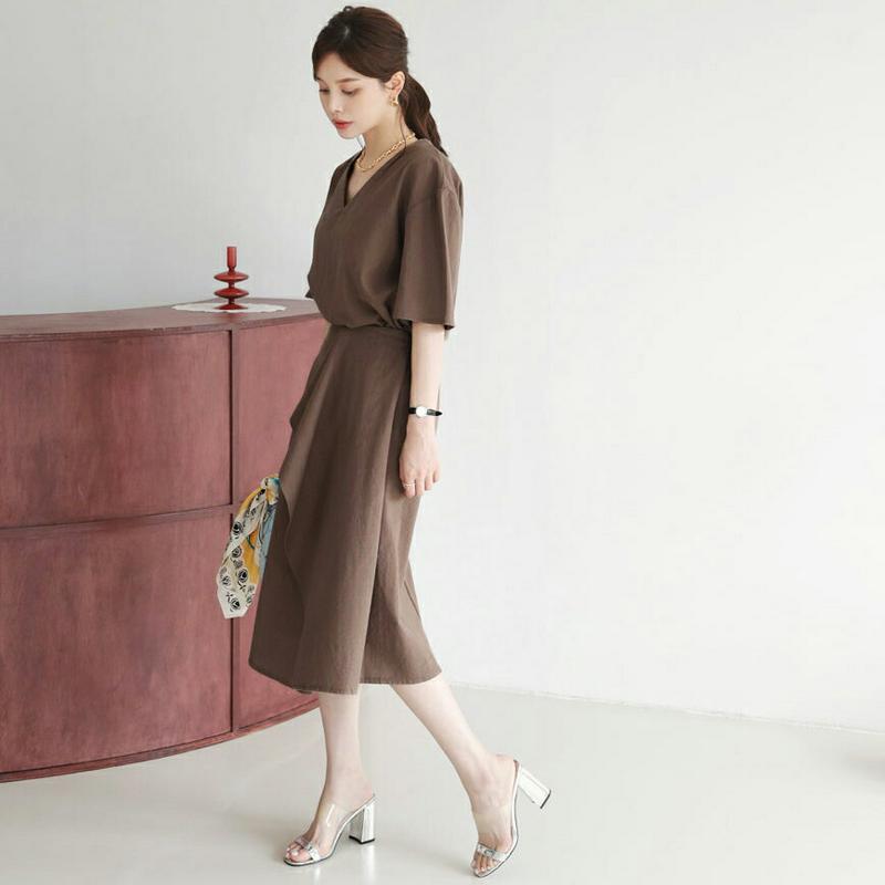 Vネックブラウス&スカートSET・全3色・b63194 レディース【ops】【韓国 ファッション セットアップ setup トッ