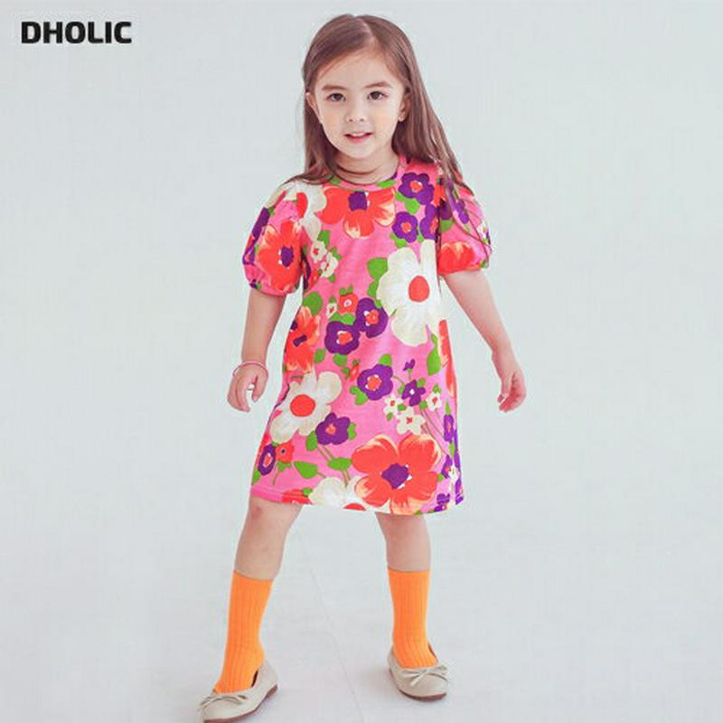 パフスリーブフローラルワンピース・p004492・キッズ 【3~8才】【ops】【韓国 ファッション ワンピース ショート ミニ ミディ ミディアム ハーフスリーブ Aライン フレア ルーズ ゆったり Tシャツ カットソー 通学 通園 子供 子供服 小学生 夏】【KIDS】