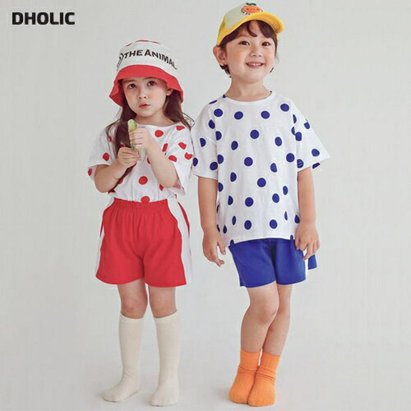 ドットTシャツ&パンツSET・p004488・キッズ 【3~8才】【SET】【韓国 ファッション セットアップ Tシャツ カットソー 半袖 ハーフスリーブ パンツ ショート ハーフ 半ズボン ウエストゴム ルーズ 女の子 男の子 通学 通園 子供 子供服 小学生 夏】【KIDS】