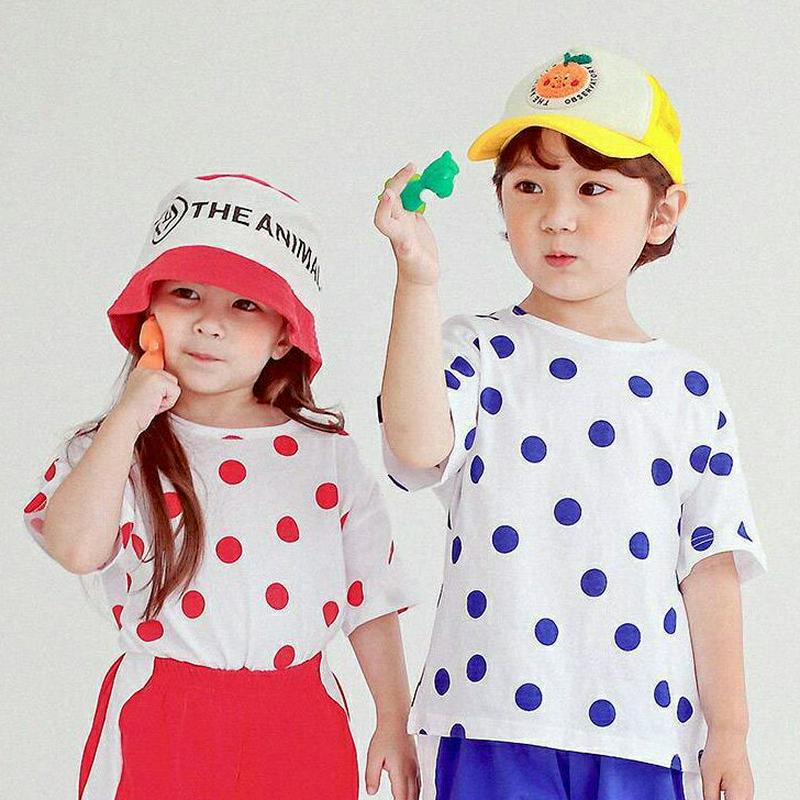 配色ドットTシャツ・p004500・キッズ 【3~8才】【tops】【韓国 ファッション トップス Tシャツ カットソー ラウンドネック 半袖 ハーフスリーブ ドット 総柄 柄が ルーズ ゆったり 女の子 男の子 通学 通園 子供 子供服 小学生 夏】【KIDS】