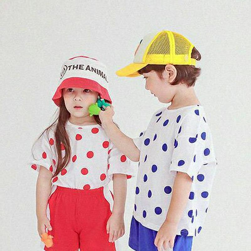配色ドットTシャツ・p004500・キッズ 【3~8才】【tops】【韓国 ファッション トップス Tシャツ カットソー ラウンドネック 半袖 ハーフスリーブ ドット 総柄 柄が ルーズ ゆったり 女の子 男の子 通学 通園 子供 子供服 小学生 夏】【KIDS】