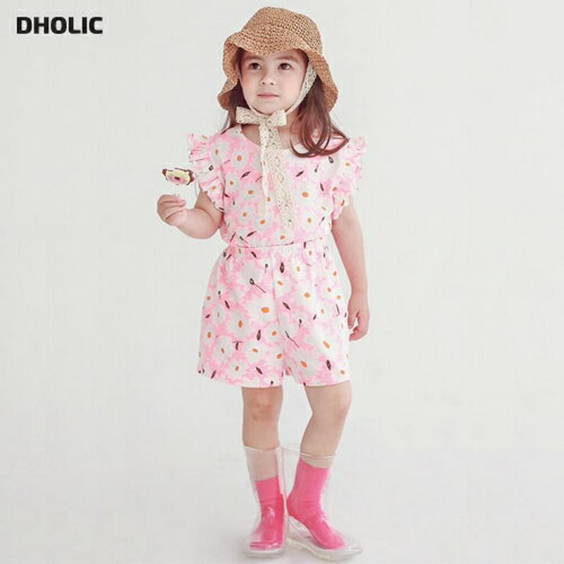 花柄フリルスリーブ上下SET・p004487・キッズ 【3~8才】【SET】【韓国 ファッション セットアップ Tシャツ カットソー 半袖 ハーフスリーブ パンツ ショート ハーフ 半ズボン ウエストゴム ルーズ 女の子 通学 通園 子供 子供服 小学生 夏】【KIDS】