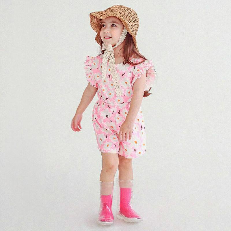花柄フリルスリーブ上下SET・p004487・キッズ 【3~8才】【SET】【韓国 ファッション セットアップ Tシャツ カットソー 半袖 ハーフスリーブ パンツ ショート ハーフ 半ズボン ウエストゴム ルーズ 女の子 通学 通園 子供 子供服 小学生 夏】【KIDS】