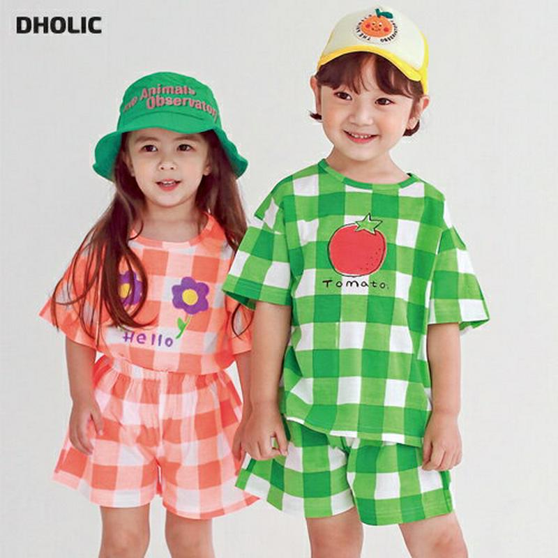 プリントチェック上下SET・p004483・キッズ 【3~8才】【SET】【韓国 ファッション セットアップ Tシャツ カットソー 半袖 ハーフスリーブ パンツ ショート ハーフ 半ズボン ウエストゴム ルーズ 女の子 男の子 通学 通園 子供 子供服 小学生 夏】【KIDS】