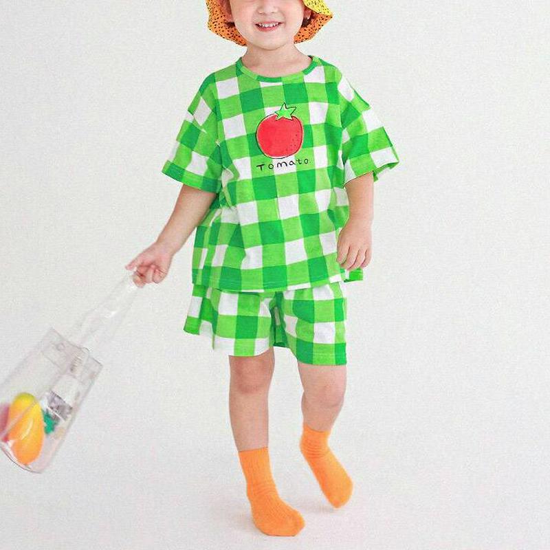 プリントチェック上下SET・p004483・キッズ 【3~8才】【SET】【韓国 ファッション セットアップ Tシャツ カットソー 半袖 ハーフスリーブ パンツ ショート ハーフ 半ズボン ウエストゴム ルーズ 女の子 男の子 通学 通園 子供 子供服 小学生 夏】【KIDS】