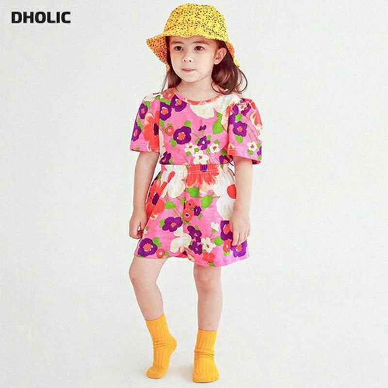 フローラルプリント上下SET・p004491・キッズ 【3~8才】【SET】【韓国 ファッション セットアップ Tシャツ カットソー 半袖 ハーフスリーブ パンツ ショート ハーフ 半ズボン ウエストゴム ルーズ 女の子 通学 通園 子供 子供服 小学生 夏】【KIDS】