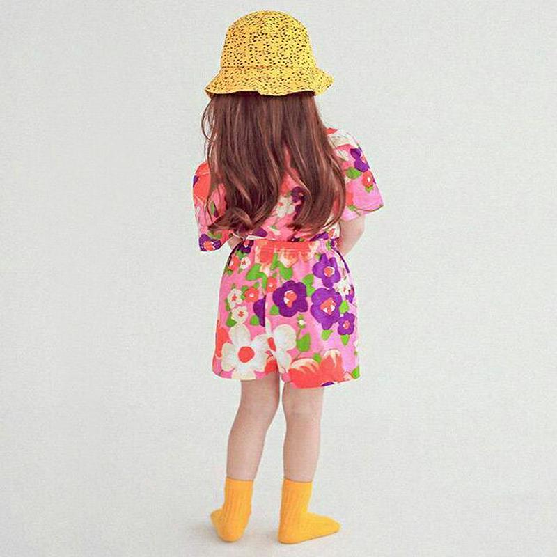 フローラルプリント上下SET・p004491・キッズ 【3~8才】【SET】【韓国 ファッション セットアップ Tシャツ カットソー 半袖 ハーフスリーブ パンツ ショート ハーフ 半ズボン ウエストゴム ルーズ 女の子 通学 通園 子供 子供服 小学生 夏】【KIDS】