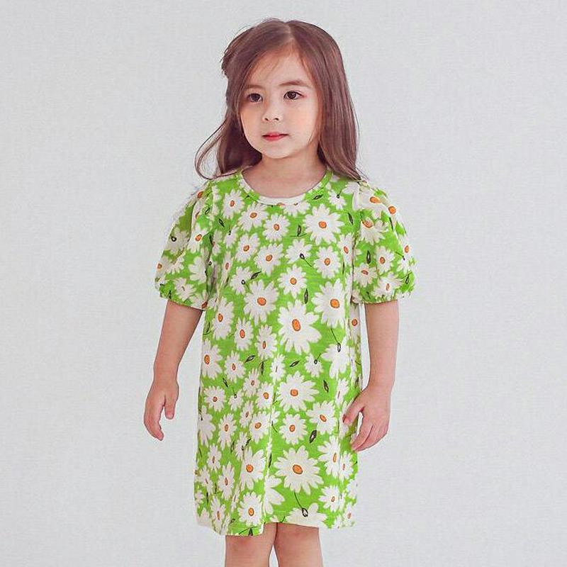 パフスリーブフラワーワンピース・p004496・キッズ 【3~8才】【ops】【韓国 ファッション ワンピース ショート ミニ ミディ ミディアム ハーフスリーブ Aライン フレア ルーズ ゆったり Tシャツ カットソー 通学 通園 子供 子供服 小学生 夏】【KIDS】
