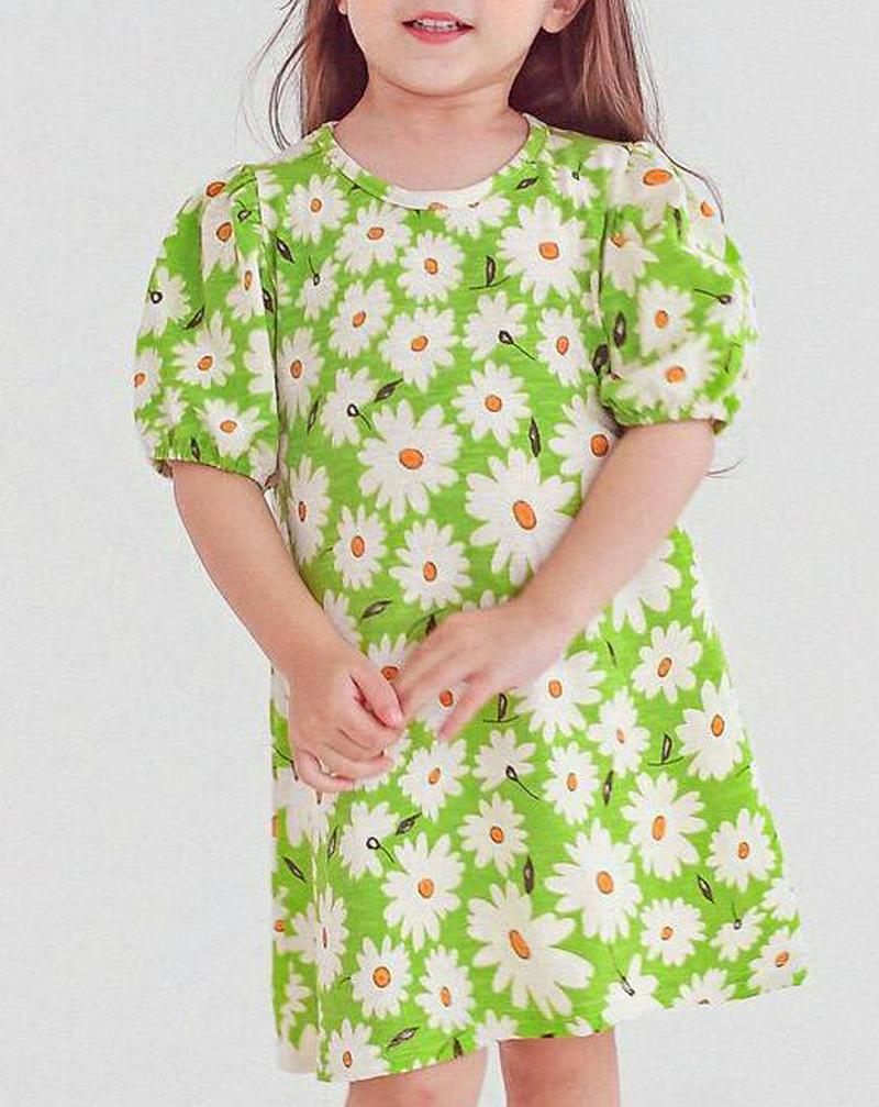 パフスリーブフラワーワンピース・p004496・キッズ 【3~8才】【ops】【韓国 ファッション ワンピース ショート ミニ ミディ ミディアム ハーフスリーブ Aライン フレア ルーズ ゆったり Tシャツ カットソー 通学 通園 子供 子供服 小学生 夏】【KIDS】