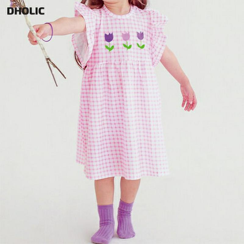 チューリップチェック柄ワンピース・p004484・キッズ 【3~8才】【ops】【韓国 ファッション ワンピース ロング 半袖 膝下 ハーフスリーブ Aライン フレア ルーズ ゆったり Tシャツ カットソー コットン100 通学 通園 子供 子供服 小学生 夏】【KIDS】