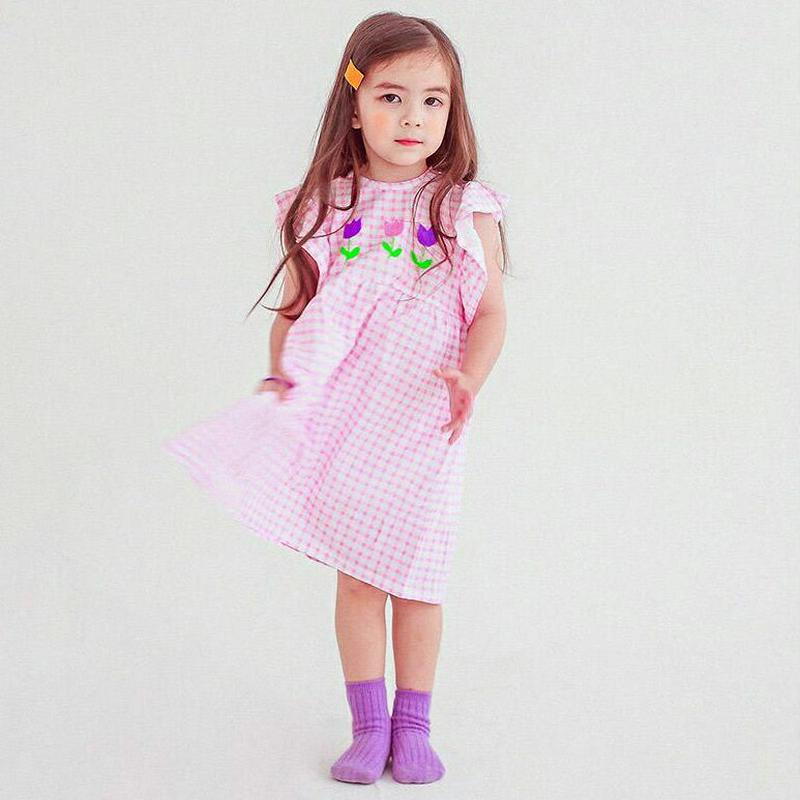 チューリップチェック柄ワンピース・p004484・キッズ 【3~8才】【ops】【韓国 ファッション ワンピース ロング 半袖 膝下 ハーフスリーブ Aライン フレア ルーズ ゆったり Tシャツ カットソー コットン100 通学 通園 子供 子供服 小学生 夏】【KIDS】