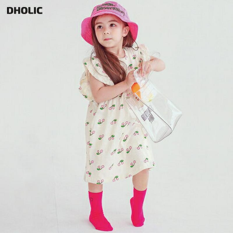 フリルチェリー柄ワンピース・p004489・キッズ 【3~8才】【ops】【韓国 ファッション ワンピース ロング 半袖 膝下 ハーフスリーブ Aライン フレア ルーズ ゆったり Tシャツ カットソー コットン100 総柄 通学 通園 子供 子供服 小学生 夏】【KIDS】