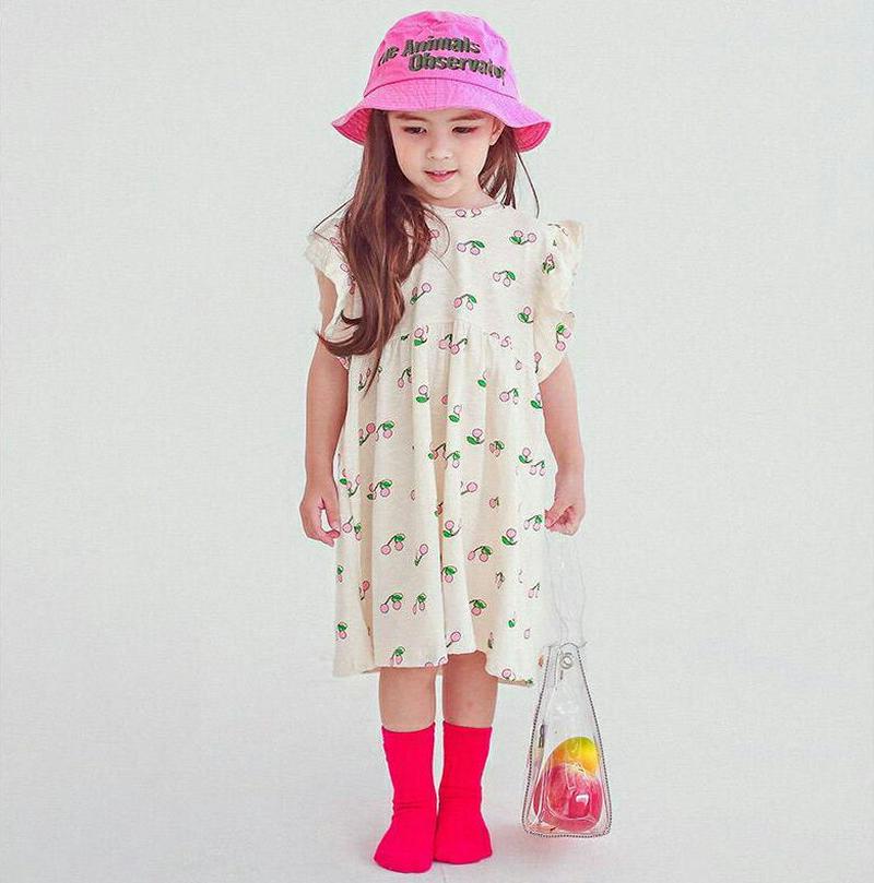 フリルチェリー柄ワンピース・p004489・キッズ 【3~8才】【ops】【韓国 ファッション ワンピース ロング 半袖 膝下 ハーフスリーブ Aライン フレア ルーズ ゆったり Tシャツ カットソー コットン100 総柄 通学 通園 子供 子供服 小学生 夏】【KIDS】