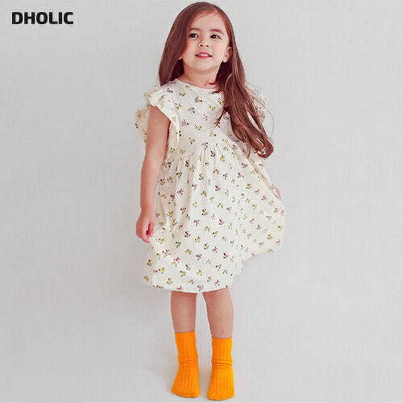 フリルスリーブ花柄ワンピース・p004479・キッズ 【3~8才】【ops】【韓国 ファッション ワンピース ロング ミディ ミドル 半袖 膝下 ハーフスリーブ ラウンドネック Aライン フレア Tシャツ コットン100 総柄 フリル 子供 子供服 小学生 夏】【KIDS】