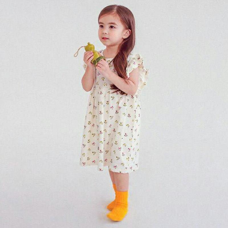 フリルスリーブ花柄ワンピース・p004479・キッズ 【3~8才】【ops】【韓国 ファッション ワンピース ロング ミディ ミドル 半袖 膝下 ハーフスリーブ ラウンドネック Aライン フレア Tシャツ コットン100 総柄 フリル 子供 子供服 小学生 夏】【KIDS】