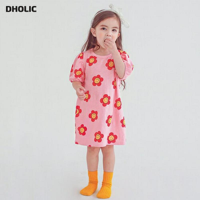 スマイルフラワーパフワンピース・p004486・キッズ 【3~8才】【ops】【韓国 ファッション ワンピース ロング 半袖 膝下 ハーフスリーブ ラウンドネック Aライン フレア ルーズ ゆったり Tシャツ カットソー コットン100 総柄 子供 子供服 夏】【KIDS】