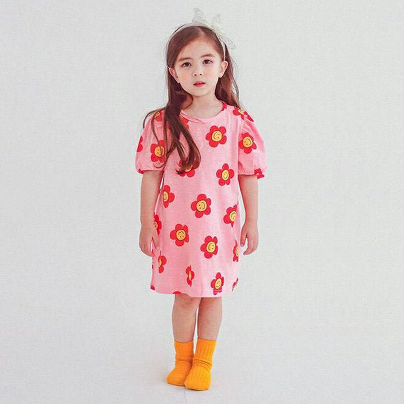 スマイルフラワーパフワンピース・p004486・キッズ 【3~8才】【ops】【韓国 ファッション ワンピース ロング 半袖 膝下 ハーフスリーブ ラウンドネック Aライン フレア ルーズ ゆったり Tシャツ カットソー コットン100 総柄 子供 子供服 夏】【KIDS】