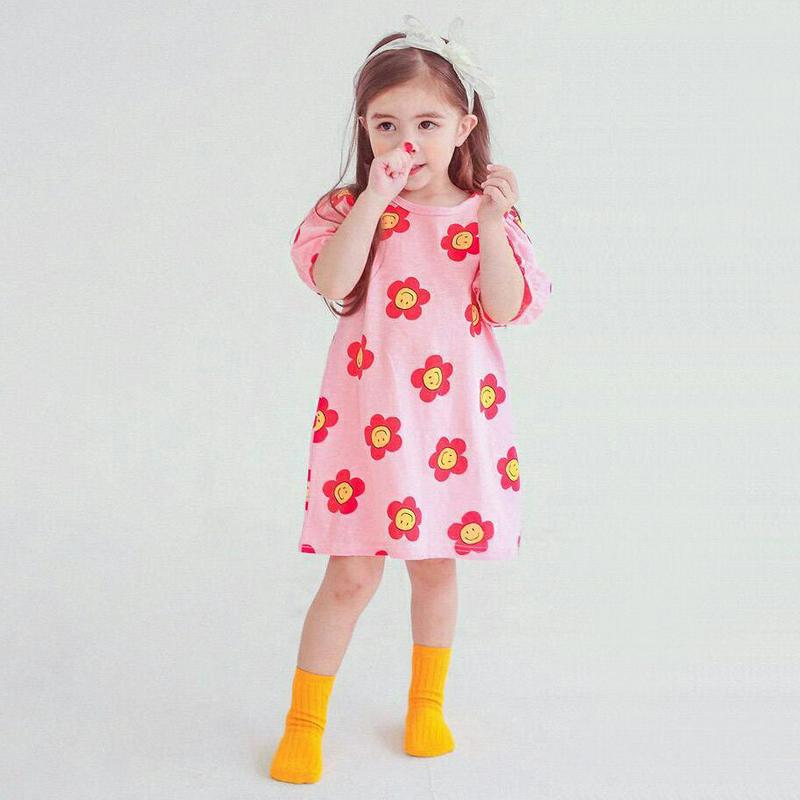 スマイルフラワーパフワンピース・p004486・キッズ 【3~8才】【ops】【韓国 ファッション ワンピース ロング 半袖 膝下 ハーフスリーブ ラウンドネック Aライン フレア ルーズ ゆったり Tシャツ カットソー コットン100 総柄 子供 子供服 夏】【KIDS】