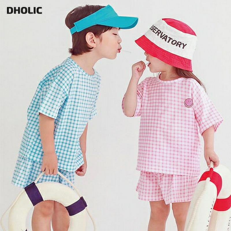 スマイルポイントチェック上下SET・p004495・キッズ 【3~8才】【SET】【韓国 ファッション セットアップ Tシャツ カットソー 半袖 ハーフスリーブ パンツ ショート ハーフ 半ズボン ウエストゴム ルーズ 女の子 男の子 通園 子供 子供服 夏】【KIDS】
