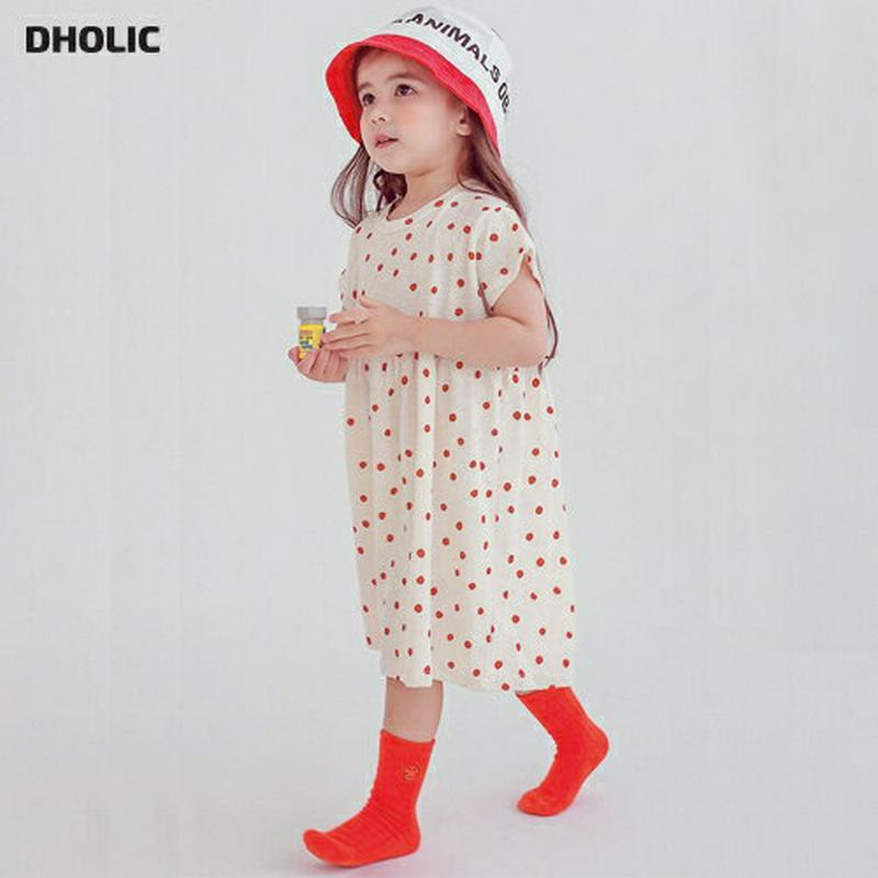 配色ドットワンピース・p004475・キッズ 【3~8才】【ops】【韓国 ファッション ワンピース ロング 半袖 膝下 ハーフスリーブ ラウンドネック Aライン フレア ルーズ ゆったり Tシャツ カットソー コットン100 総柄 通園 通学 子供 子供服 夏】【KIDS】