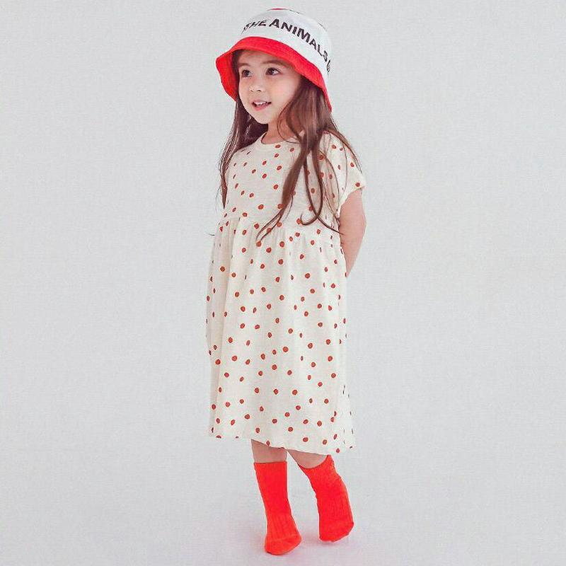 配色ドットワンピース・p004475・キッズ 【3~8才】【ops】【韓国 ファッション ワンピース ロング 半袖 膝下 ハーフスリーブ ラウンドネック Aライン フレア ルーズ ゆったり Tシャツ カットソー コットン100 総柄 通園 通学 子供 子供服 夏】【KIDS】