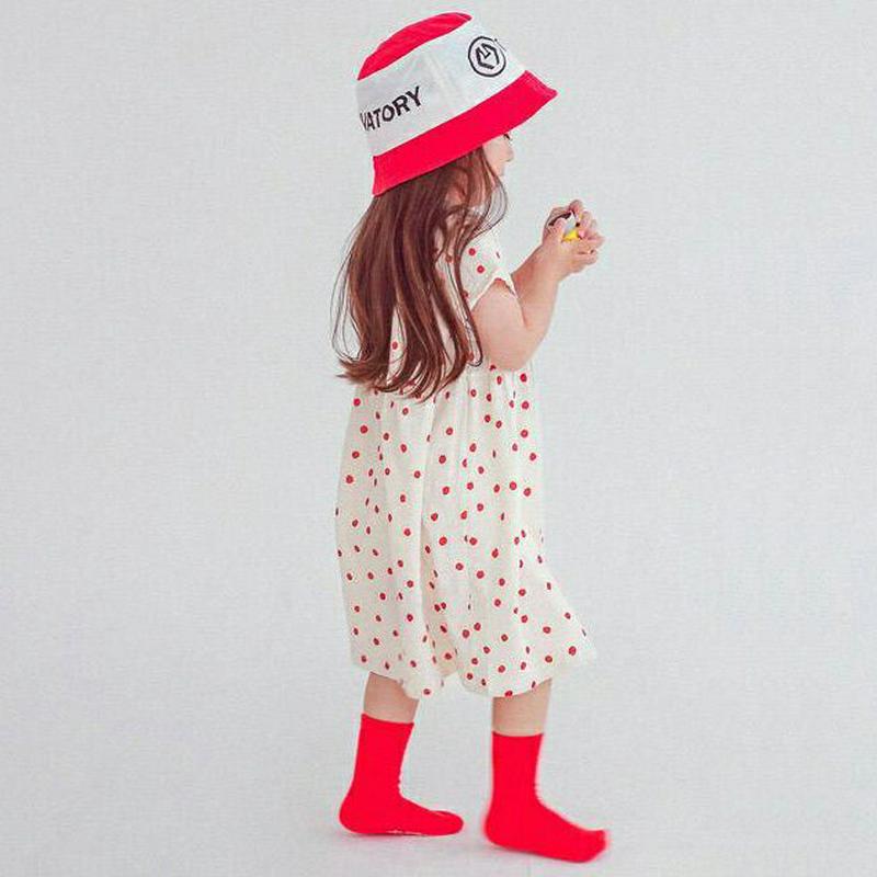 配色ドットワンピース・p004475・キッズ 【3~8才】【ops】【韓国 ファッション ワンピース ロング 半袖 膝下 ハーフスリーブ ラウンドネック Aライン フレア ルーズ ゆったり Tシャツ カットソー コットン100 総柄 通園 通学 子供 子供服 夏】【KIDS】