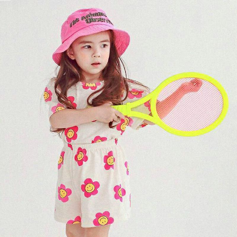 スマイルフラワー上下SET・p004485・キッズ 【3~8才】【SET】【韓国 ファッション セットアップ Tシャツ カットソー 半袖 ハーフスリーブ パンツ ショート ハーフ 半ズボン ウエストゴム ルーズ 女の子 通学 通園 子供 子供服 小学生 夏】【KIDS】