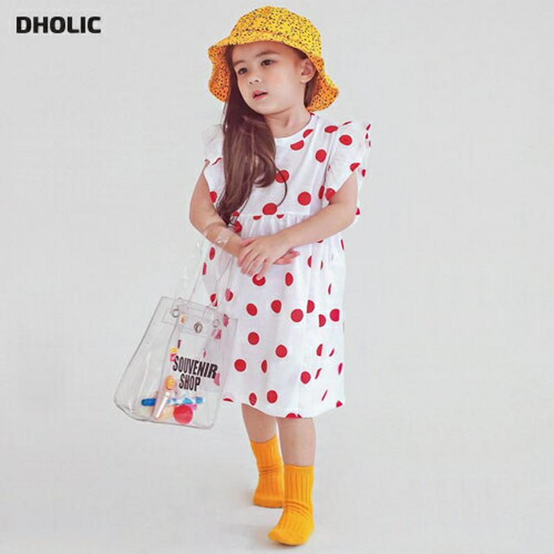 フリルスリーブドットワンピース・p004478・キッズ 【3~8才】【ops】【韓国 ファッション ワンピース ロング 半袖 膝下 ハーフスリーブ ラウンドネック Aライン フレア ルーズ ゆったり Tシャツ カットソー コットン100 総柄 子供 子供服 夏】【KIDS】