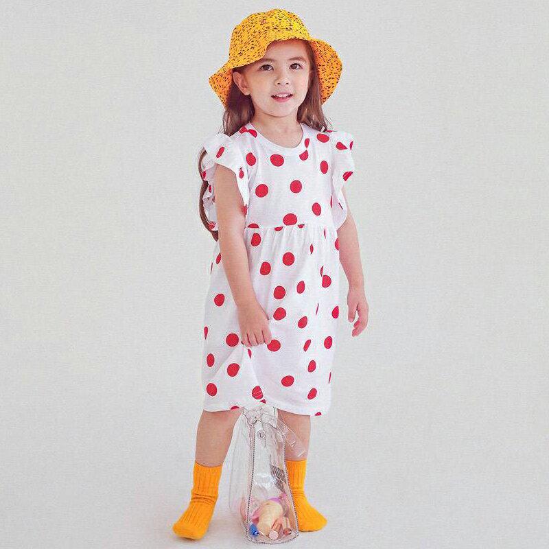 フリルスリーブドットワンピース・p004478・キッズ 【3~8才】【ops】【韓国 ファッション ワンピース ロング 半袖 膝下 ハーフスリーブ ラウンドネック Aライン フレア ルーズ ゆったり Tシャツ カットソー コットン100 総柄 子供 子供服 夏】【KIDS】