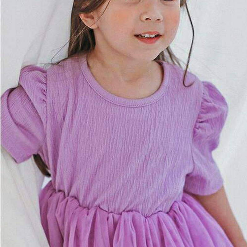 パフスリーブチュールワンピース・p004499・キッズ 【3~8才】【ops】【韓国 ファッション ワンピース ロング 半袖 膝下 ハーフスリーブ Aライン フレア ルーズ ゆったり お出かけ 発表会 演奏会 女の子 子供 子供服 小学生 夏】【KIDS】