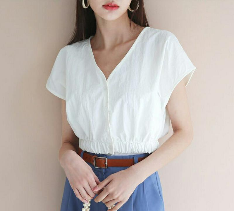 【新作10%OFF】Vネッククロップドブラウス・全4色・t60418 レディース【bl】【韓国 ファッション トップス ブラウス