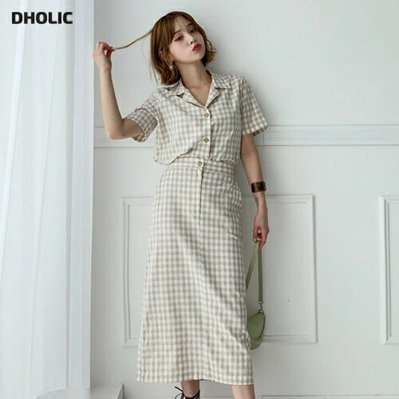 【新作10%OFF】チェックボタンブラウス&スカートSET・全2色・t60451 レディース【ops】【韓国 ファッション セッ