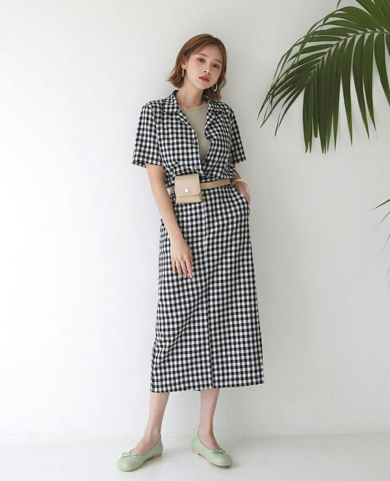 【新作10%OFF】チェックボタンブラウス&スカートSET・全2色・t60451 レディース【ops】【韓国 ファッション セッ