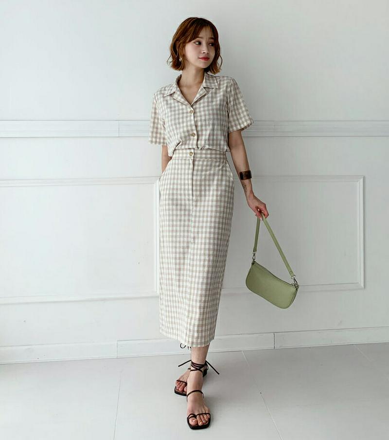 【新作10%OFF】チェックボタンブラウス&スカートSET・全2色・t60451 レディース【ops】【韓国 ファッション セッ