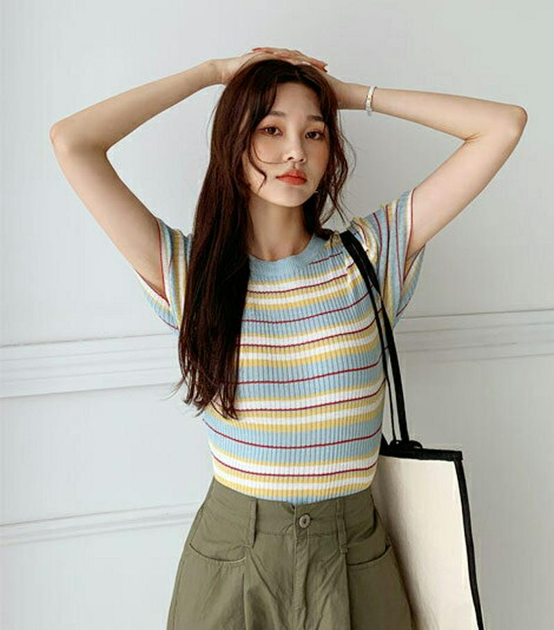 【新作10%OFF】ボーダーリブニット・全3色・t60421 レディース【tops】【韓国 ファッション トップス ニット ニッ