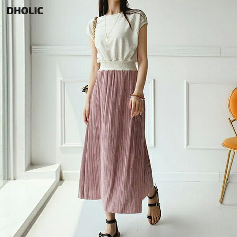 プリーツコントラストワンピース・全3色・b60425 レディース【ops】 韓国 ファッション ワンピース ロングワンピース 半袖 ショートスリーブ ラグラン プリーツ ラウンドネック ウエストゴム コントラスト 配色 上品 大人 夏