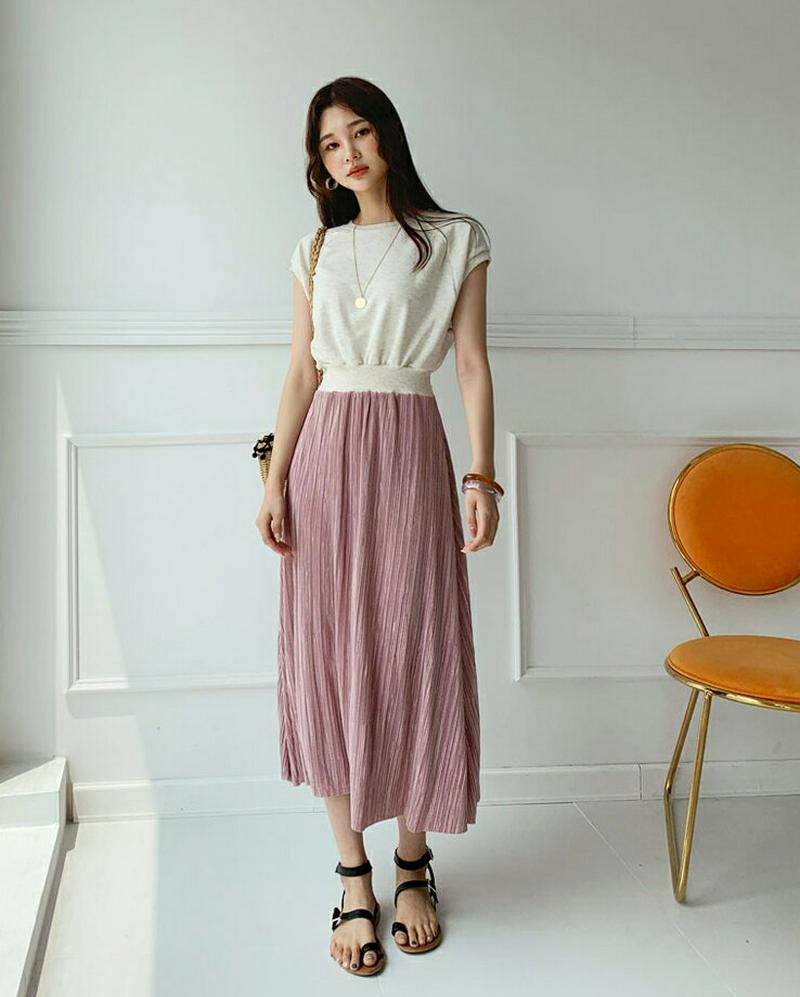 プリーツコントラストワンピース・全3色・b60425 レディース【ops】 韓国 ファッション ワンピース ロングワンピース 半袖 ショートスリーブ ラグラン プリーツ ラウンドネック ウエストゴム コントラスト 配色 上品 大人 夏